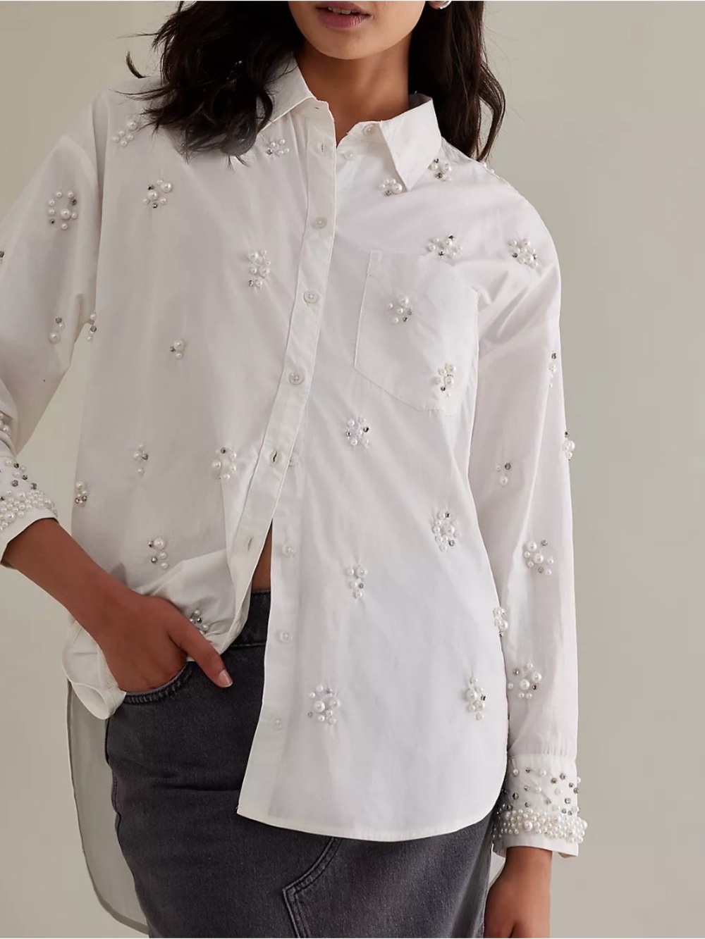Anthropologie Maeve White Pearl Embellished Button Down Shirt Petite Small NWT